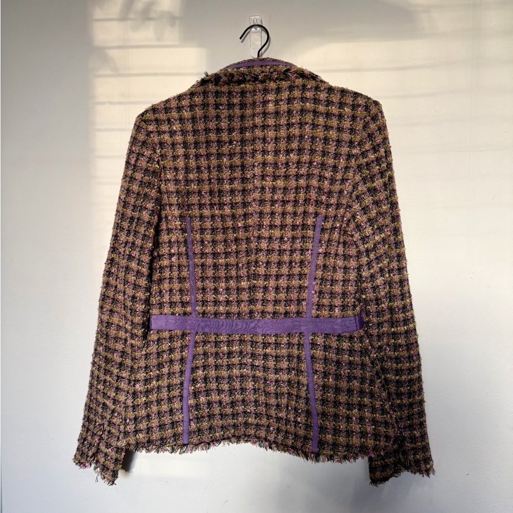 💜✨ True Meaning Tweed Blazer Purple Bouclé Frayed Trim Size M - Picture 7 of 8